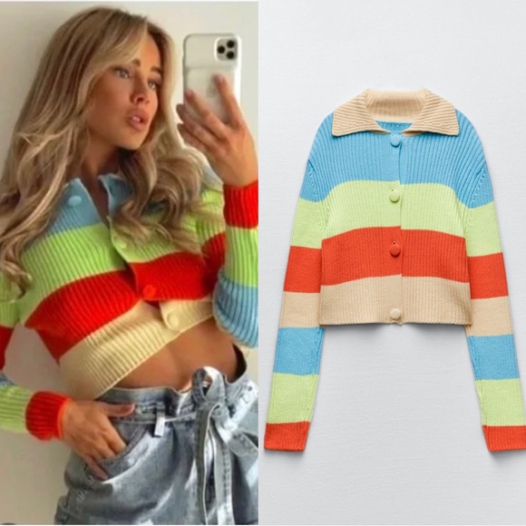 Zara Sweaters - Zara Ribbed Knit Striped Bright Button Cropped Collared Cardigan Cream Blue S